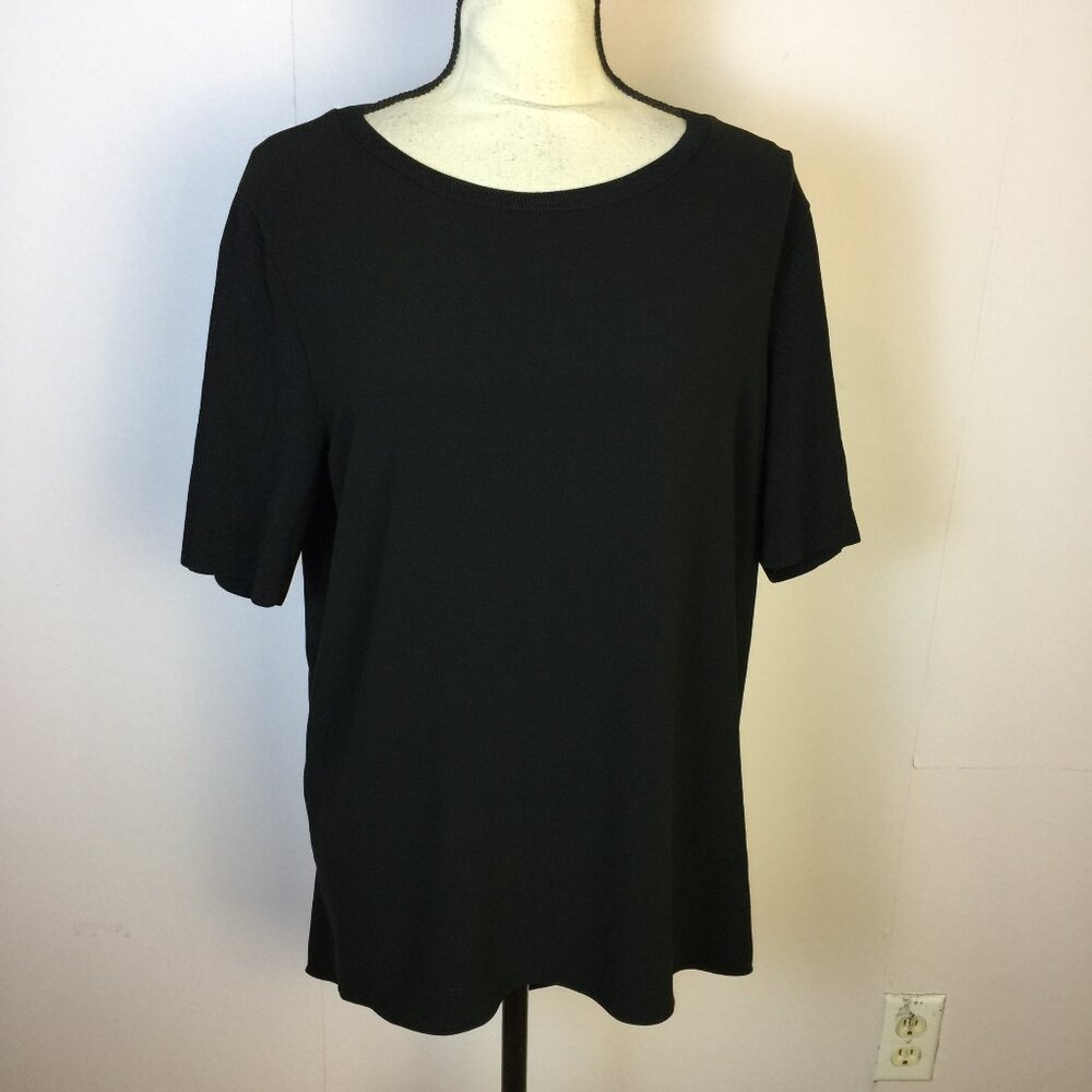 Elie Tahari Blouse Top Size L Womans Black Short Sleeve Draped Hem Knit Neck